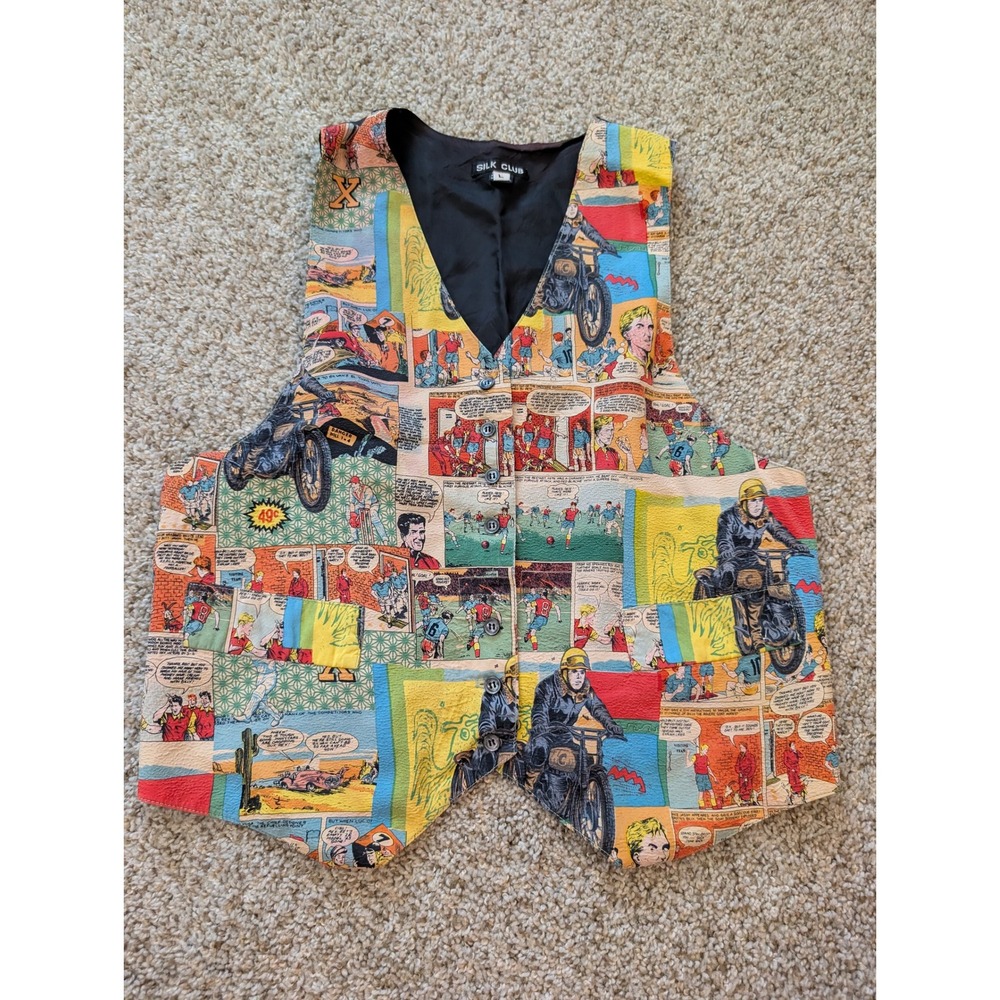 Silk Club Vintage Comic Book Print Silk Vest Mens Large Motorcycle Pop Art USA